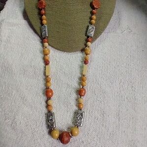 Silvertone beaded yellow orange long necklace